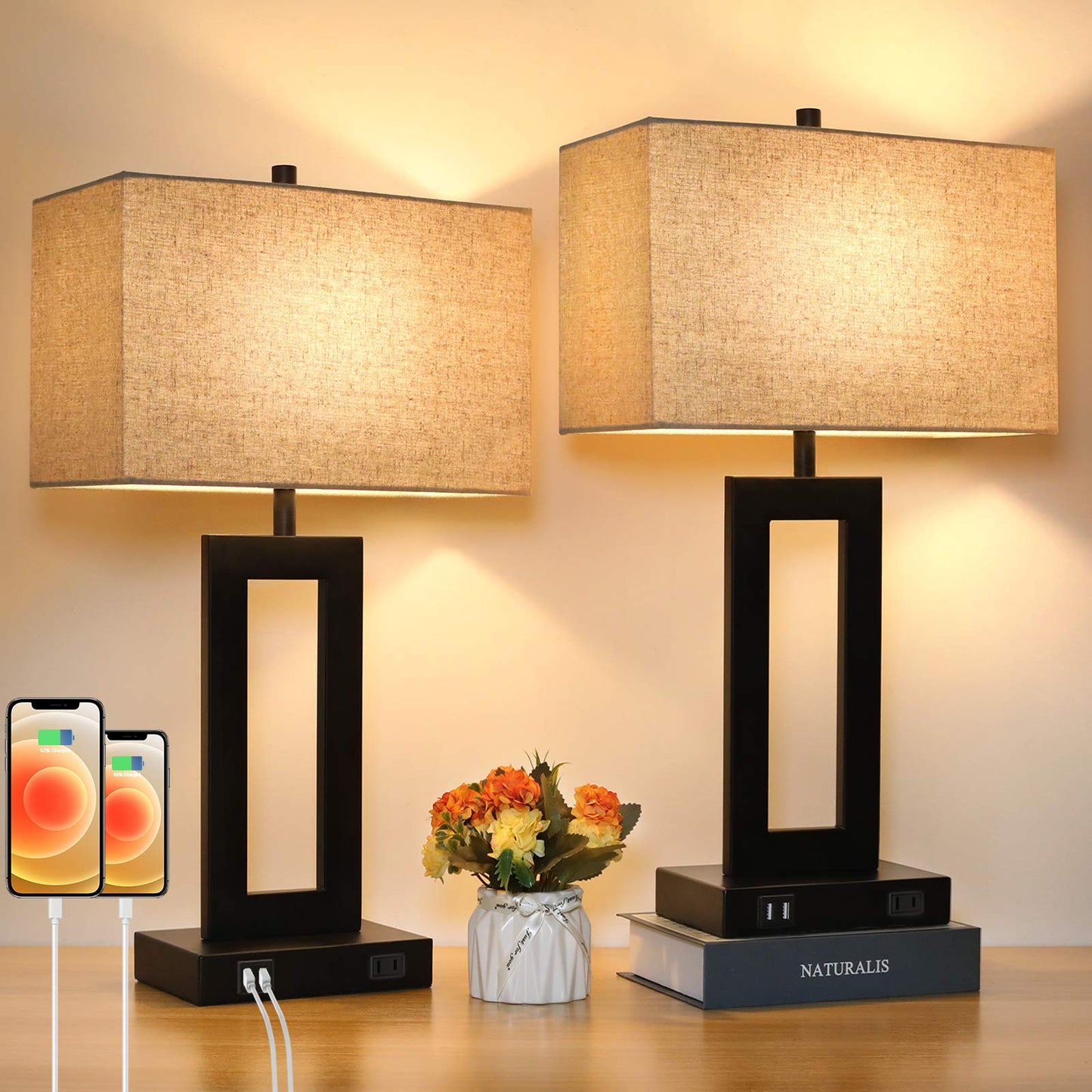 Norvo | Tobusa Set Of 2 Touch Control Table Lamps With Usb Ports, 3-Way Dimmable, Beige Shade