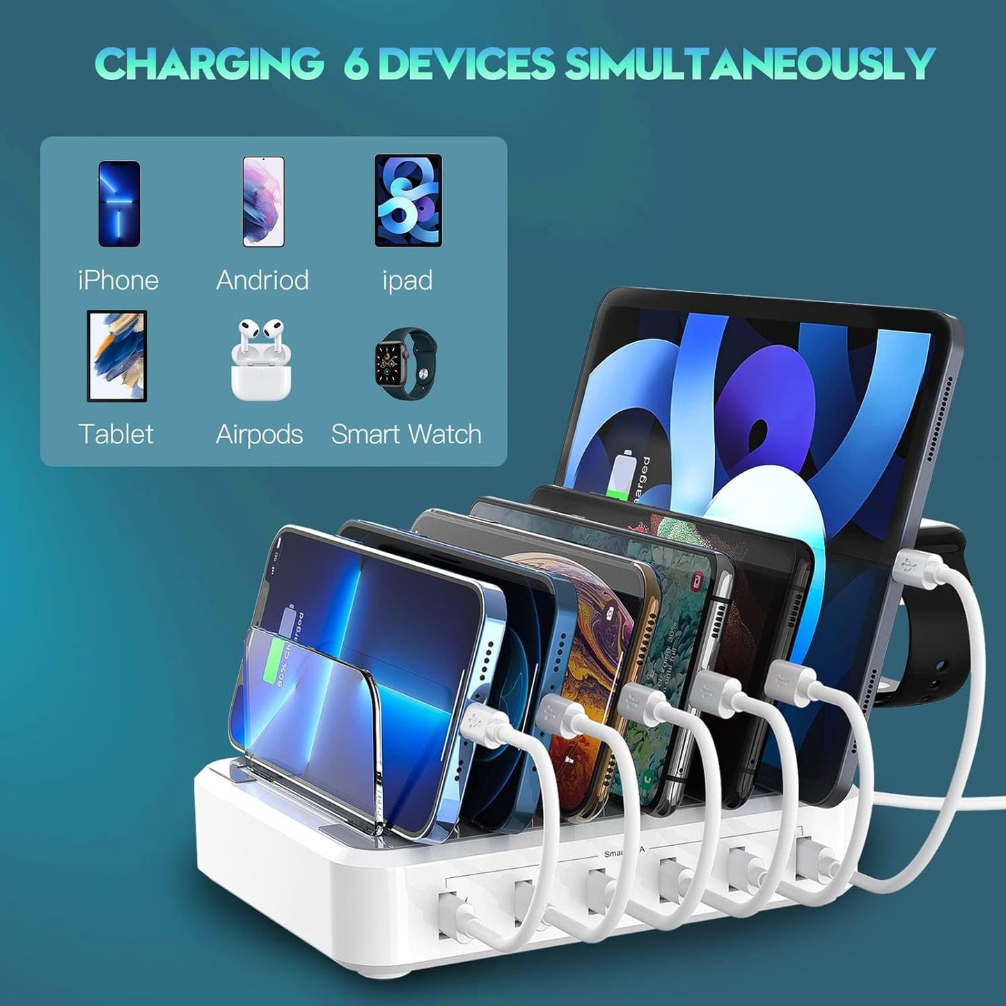 Norvo | 6-ports flere enheter hurtigladerstasjon organizer med smart IC & kabelsett