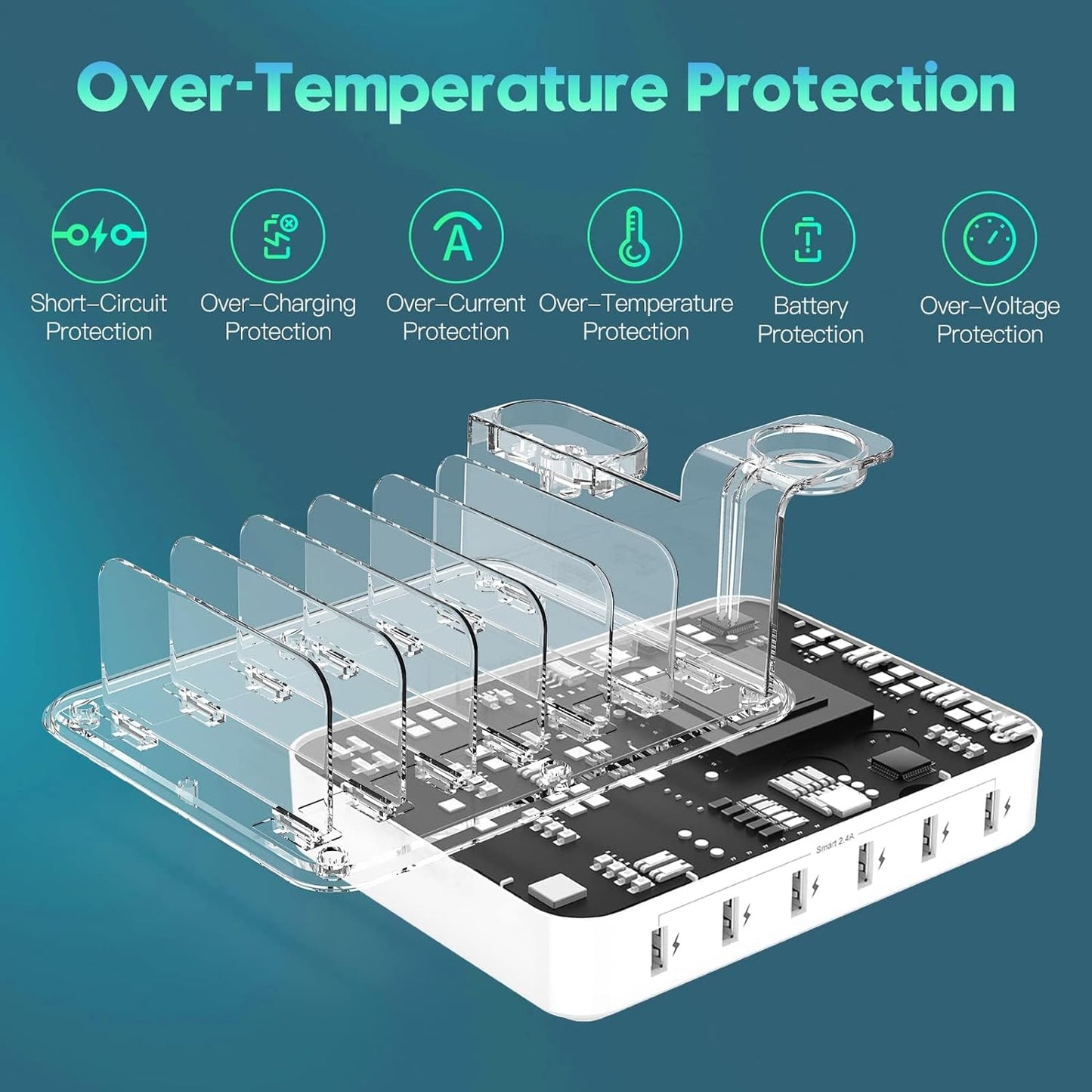 Norvo | 6-ports flere enheter hurtigladerstasjon organizer med smart IC & kabelsett