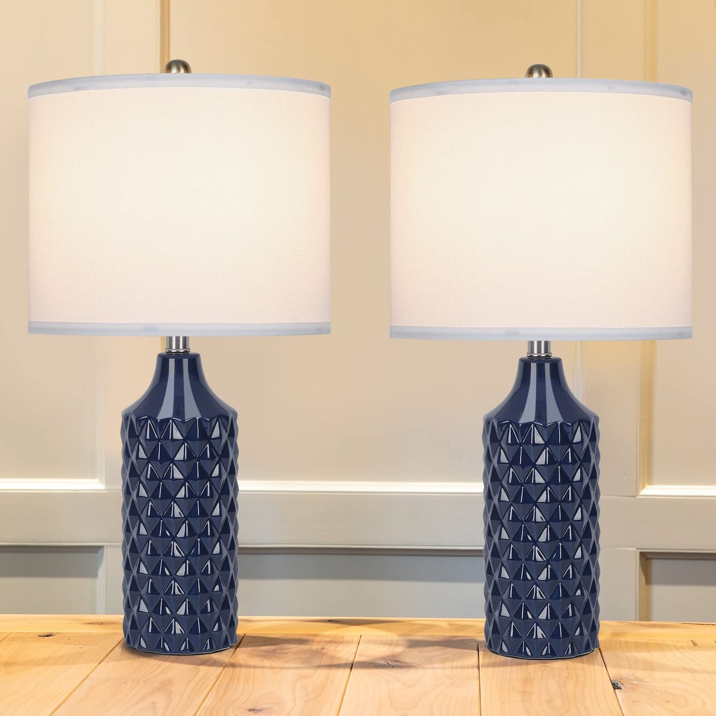 Norvo | Qingmiao 25" Navy Blue Keramisk Bordlampe Sett Av 2 - 3-Trinns Dimming Nattbordbelysning
