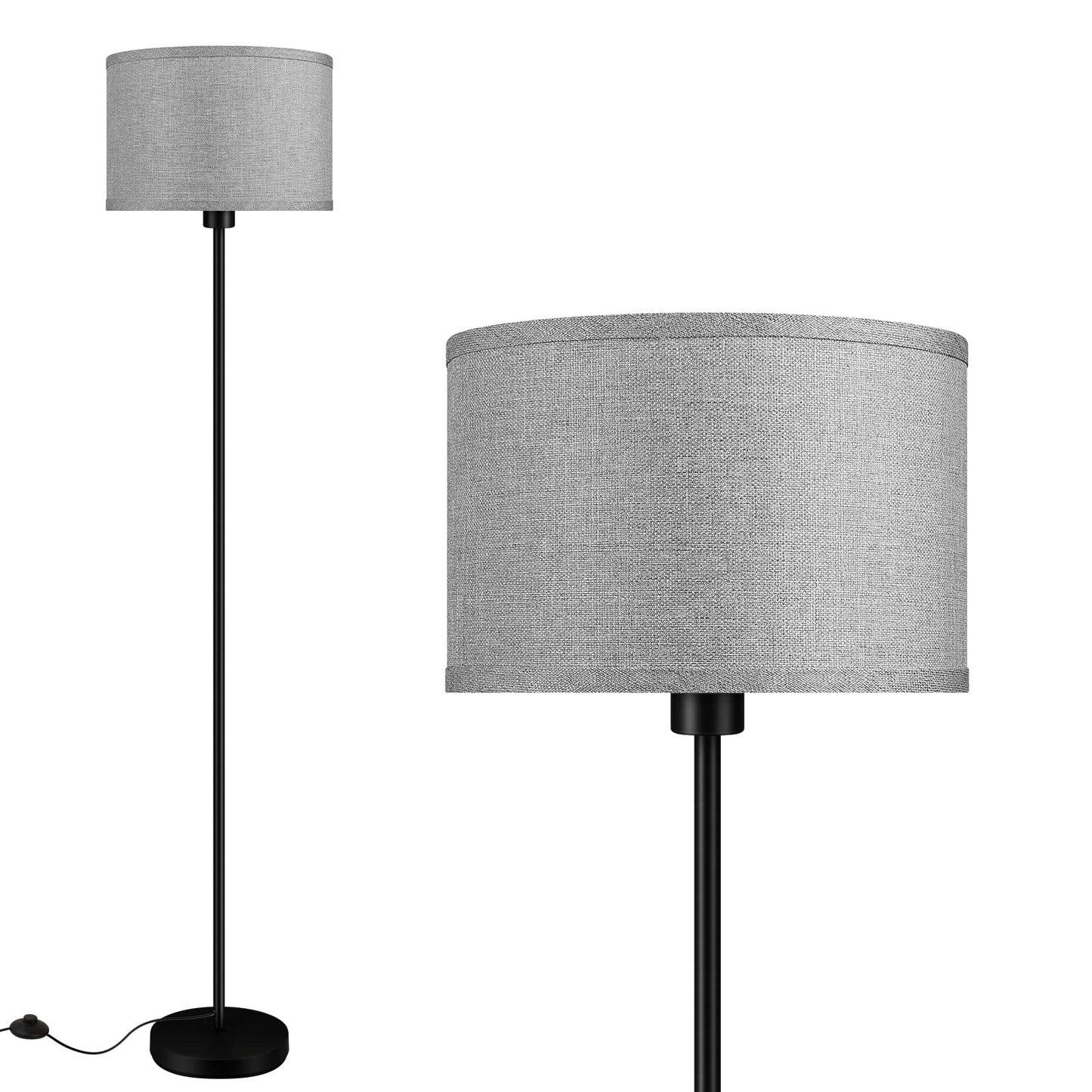 Norvo | Moderne Gulvlampe For Stue, Soverom, Kontor - Grå Skjerm, Fotbryter, Enkel Stangdesign