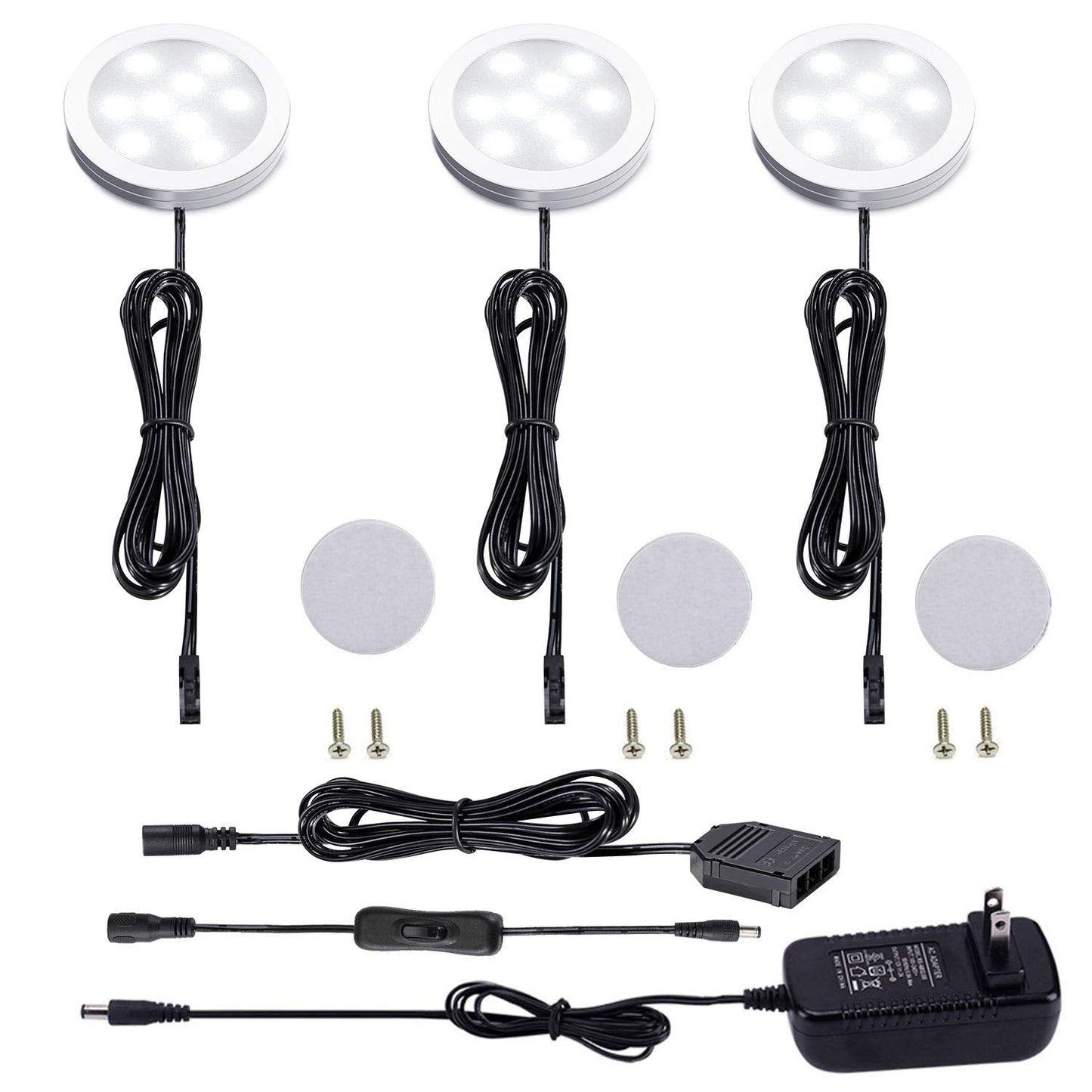 Norvo | Aiboo 12V Led Underskapsbelysningssett 3 Pakker Slim Aluminium Puck Lys Med 2-Veiskontakt Alle Tilbehør Inkludert For Benkeplate Garderobe Belysning 6W (Dagslys Hvit)