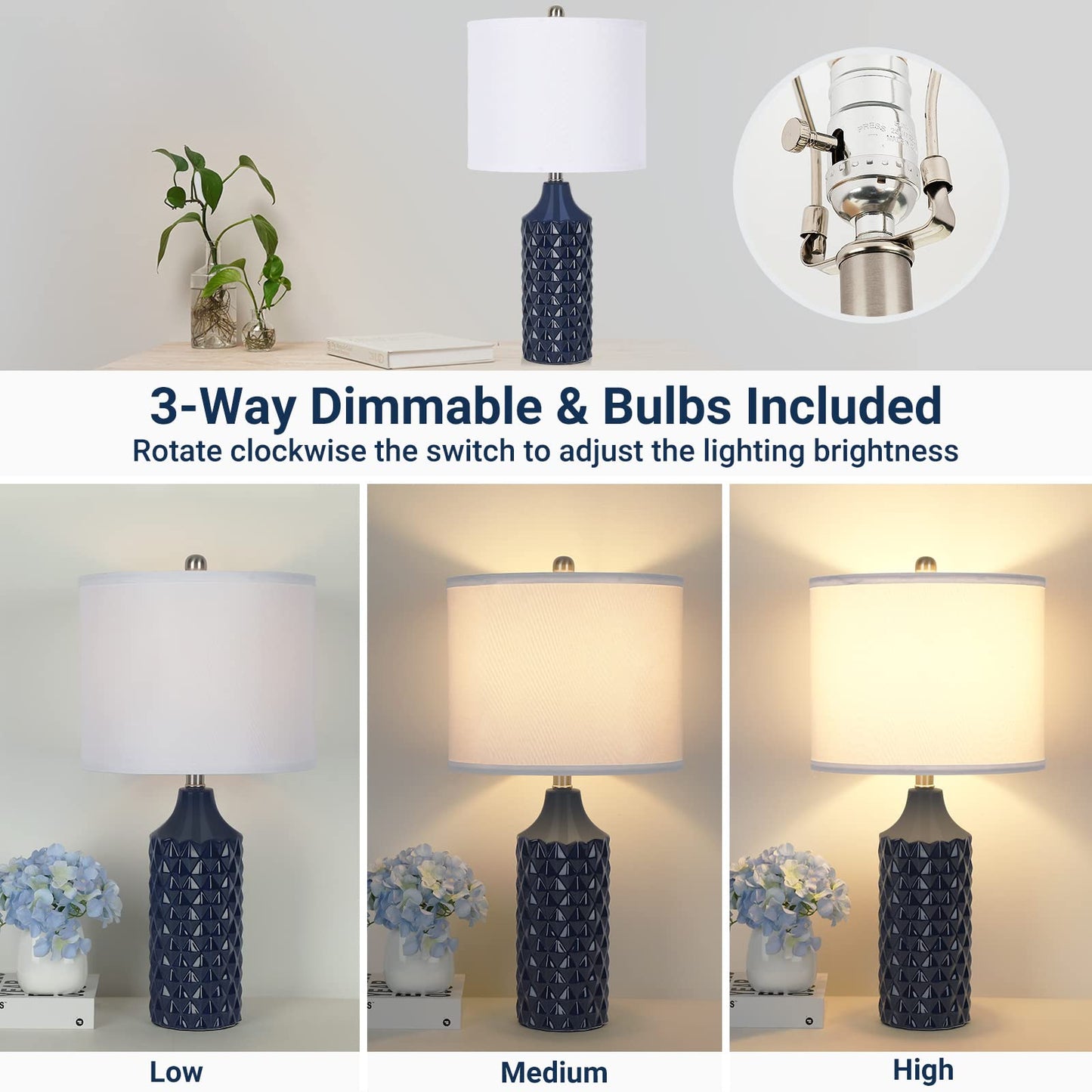 Norvo | Qingmiao 25" Navy Blue Keramisk Bordlampe Sett Av 2 - 3-Trinns Dimming Nattbordbelysning