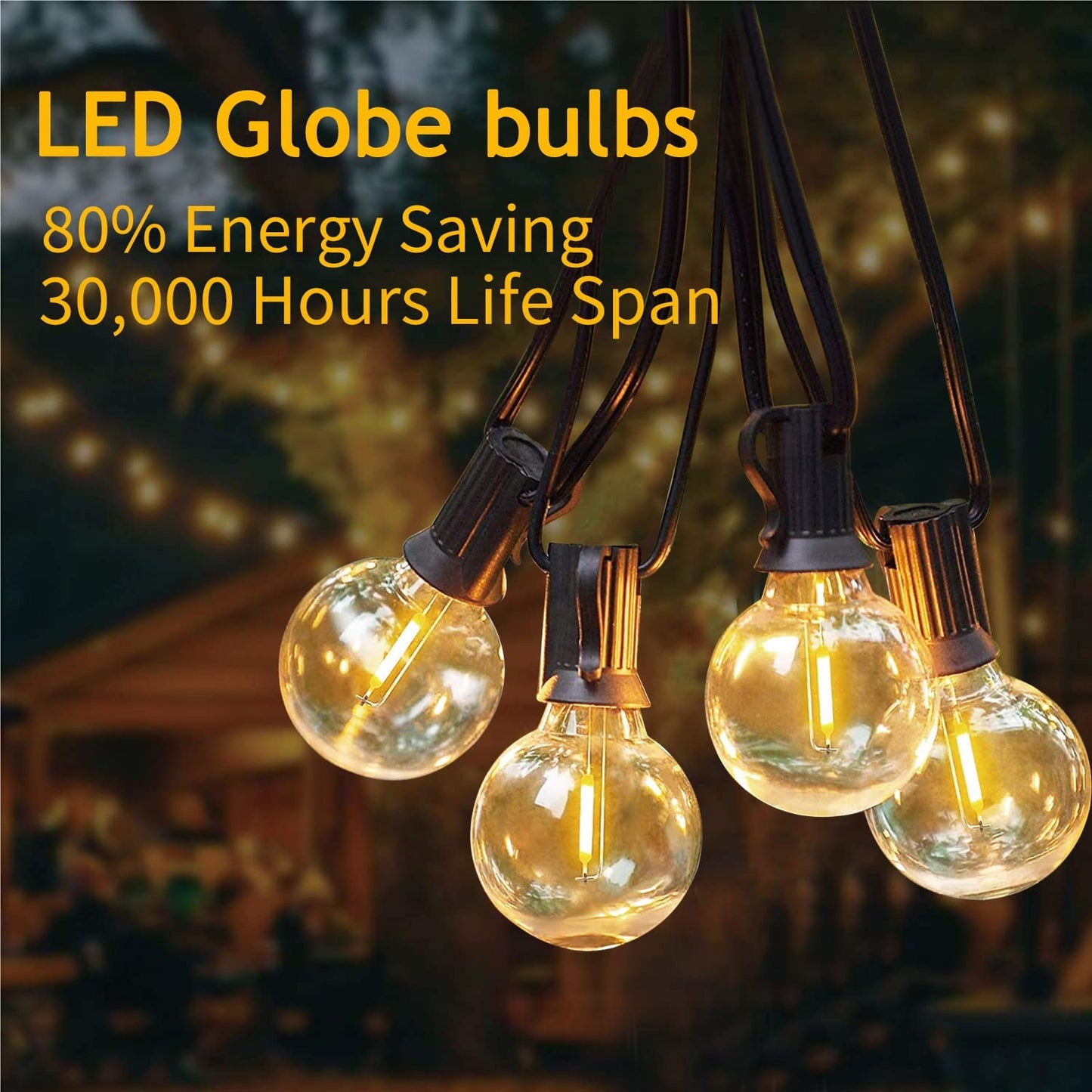 Norvo | Abeja 25Ft Led Utendørs Lyskæde - G40 Globe, 25 Shatterproof Pærer, Vanntett Svart Ledning