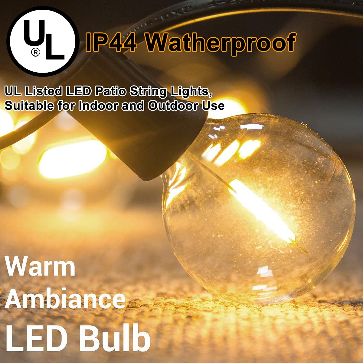 Norvo | Abeja 25Ft Led Utendørs Lyskæde - G40 Globe, 25 Shatterproof Pærer, Vanntett Svart Ledning