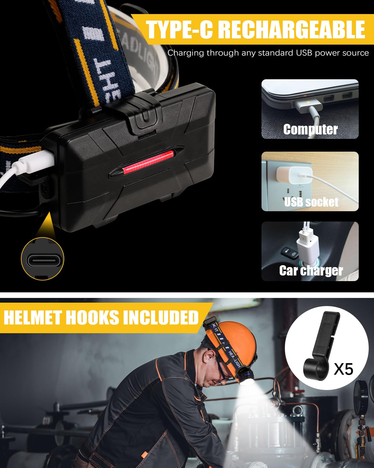 Norvo | Ochter 18000 Lumen Oppladbar Hodelykt, 8 Moduser, Vanntett, Usb, Røde & Hvite Lys