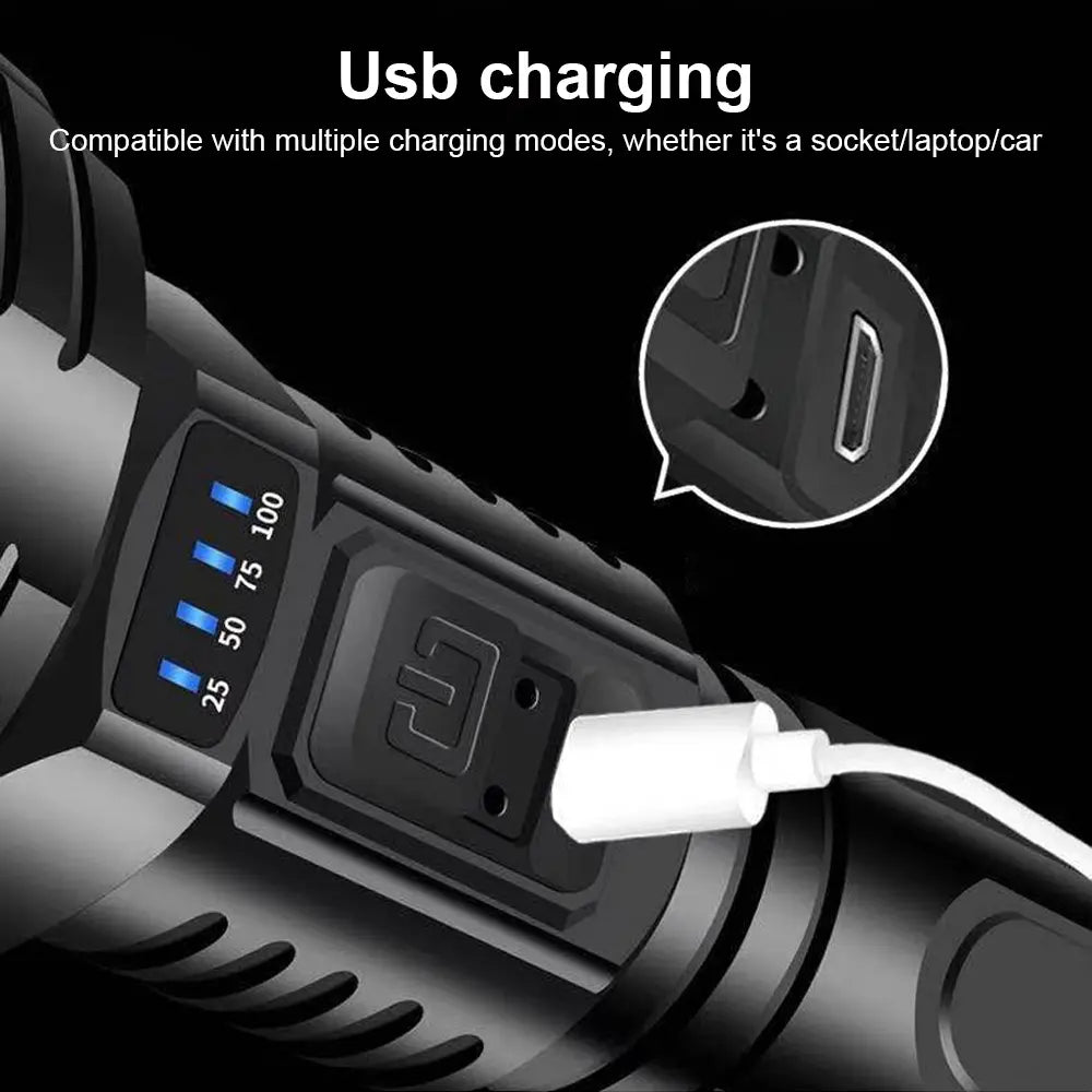 Norvo | 90000LM LED lommelykt – Taktisk søkelys med USB-lading og supersterk belysning