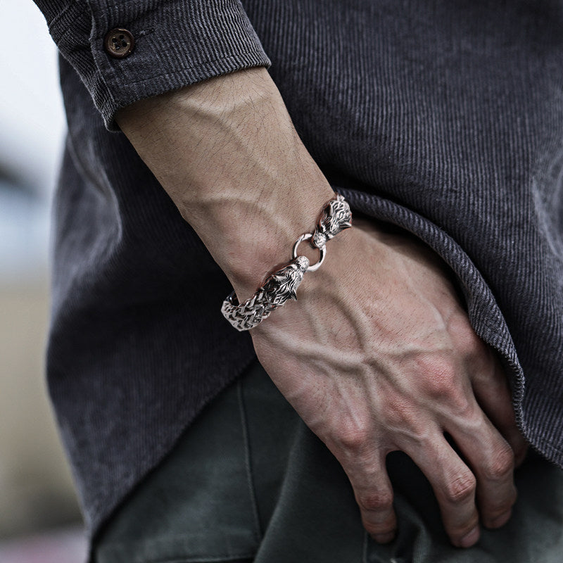 Norvo | Viking Rustfritt Stål Dobbel Ulvehode Fenris Armbånd