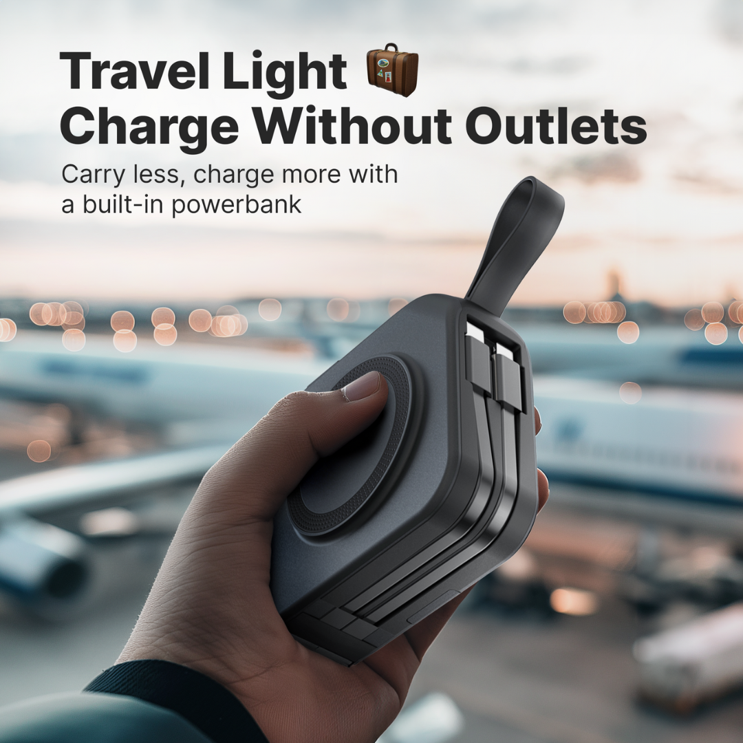 Norvo | TravelBank | Bærbar 5-i-1 Vegglader | Trådløs lading, Power Bank & Multi-enhets lading