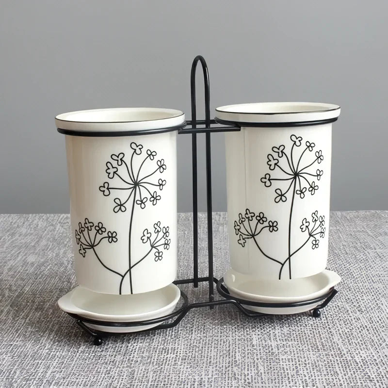 Norvo | Keramisk spisepinne- og redskapsoppbevaringssett med avrenningsstativ