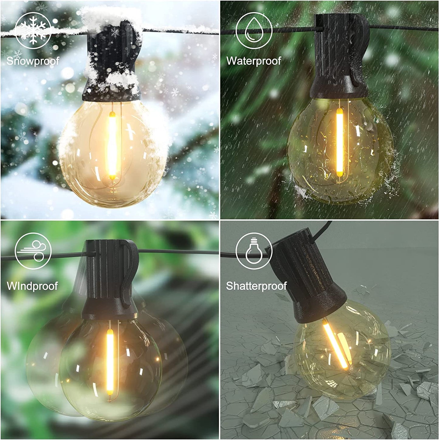 Norvo | Abeja 25Ft Led Utendørs Lyskæde - G40 Globe, 25 Shatterproof Pærer, Vanntett Svart Ledning