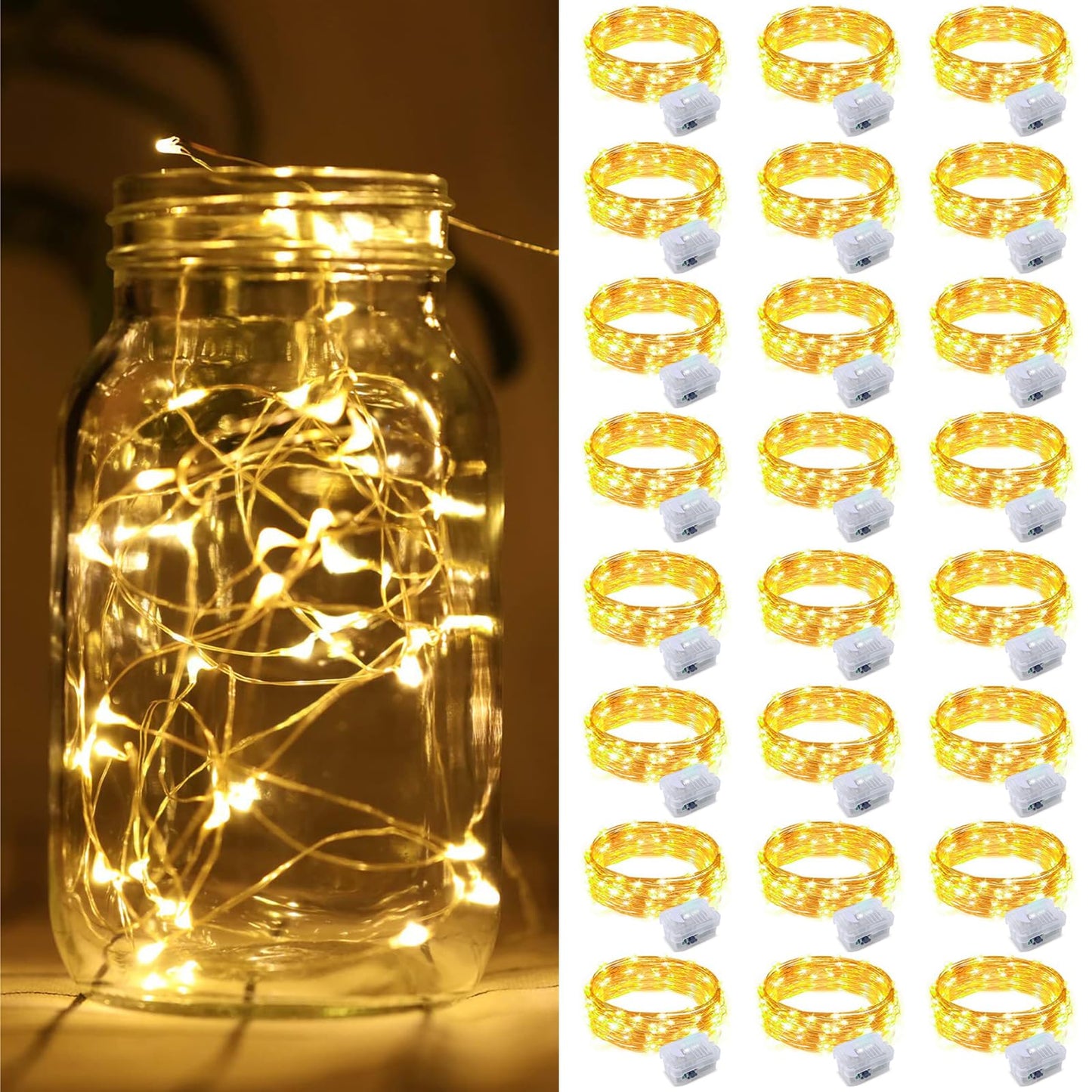 Norvo | 24 Pakke Feilys Batteridrevet, Lyskæder Batteridrevet 7Ft 20 Led Feilys Kobbertråd Blinkelys For Diy, Fester, Bryllup, Soverom, Juledekorasjon (Varm Hvit, 24)