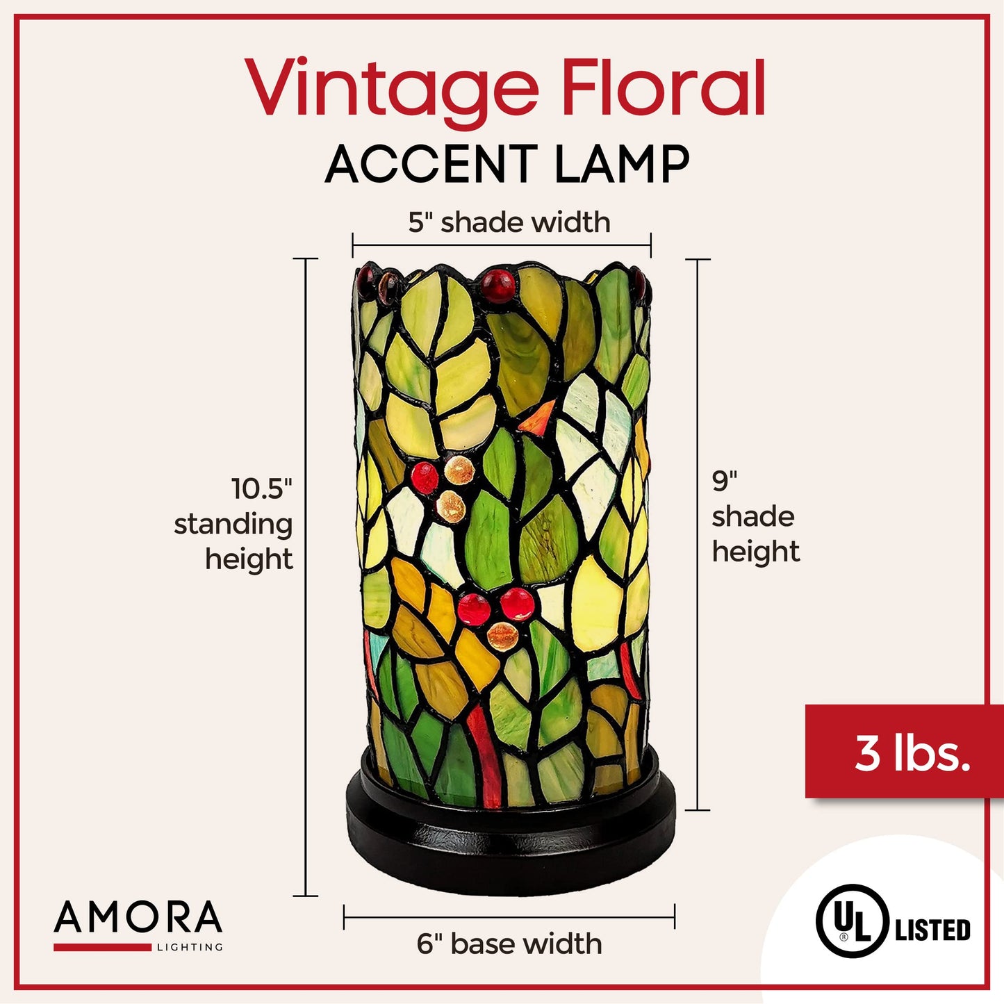 Norvo | Amora Grønn Tiffany Accent Lampe - Floral Leaf Mosaic Bordlampe, 11” Dekorativ Skrivebordslys