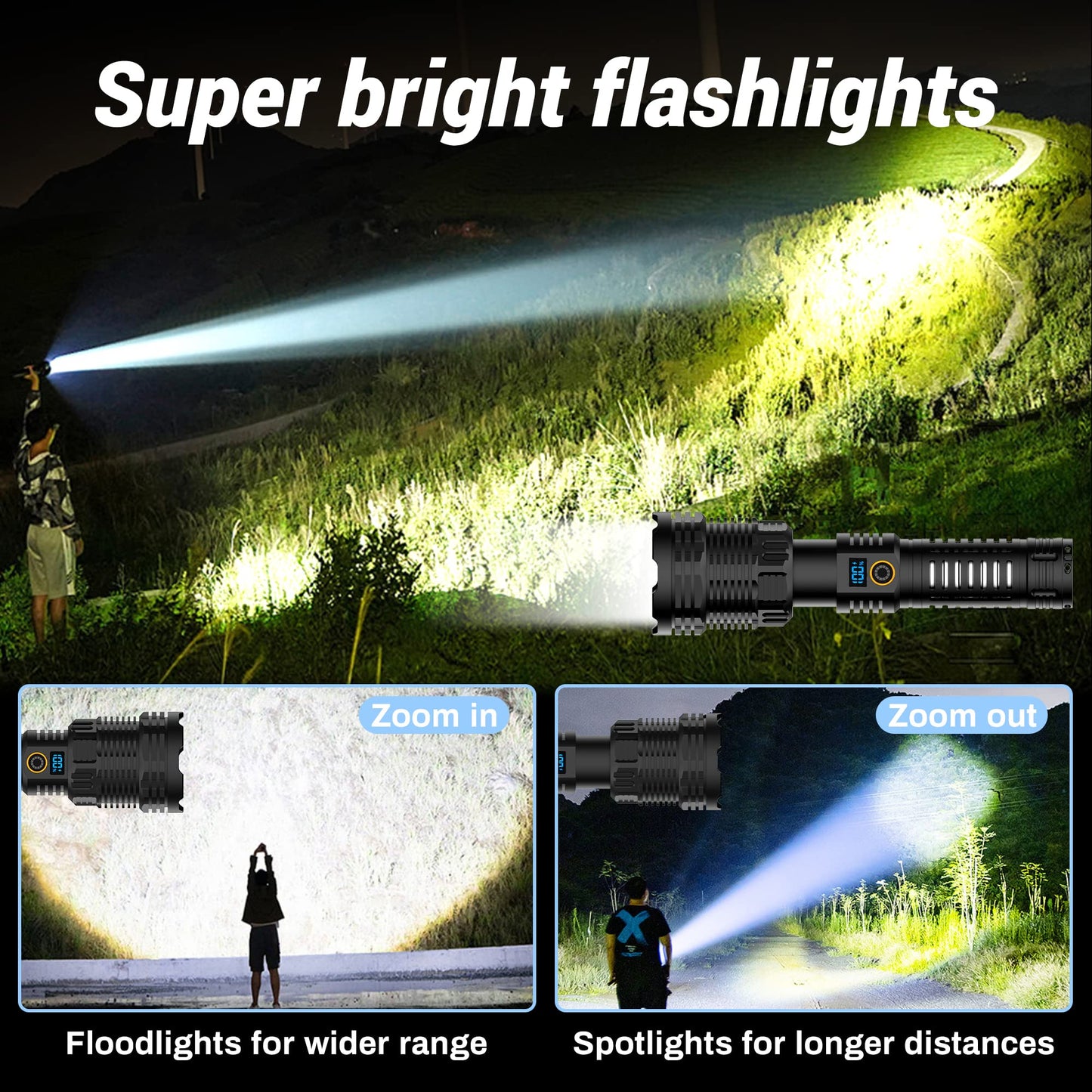 Norvo | Alifa 900000 Lumen Oppladbar Led Lommelykt - 5 Moduser, Ip65 Vanntett, Zoombar, Håndholdt
