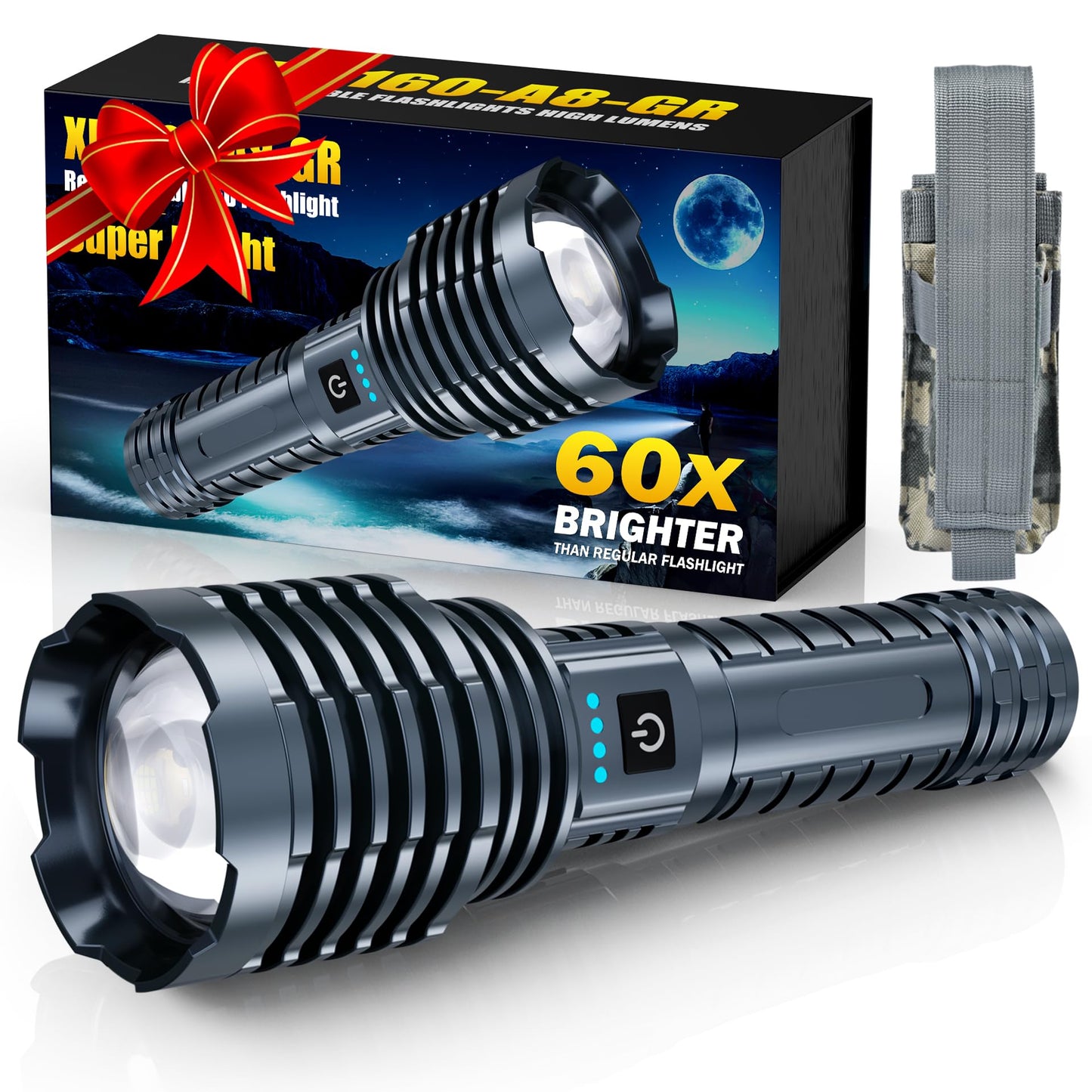 Norvo | Super Lys Sterk Oppladbar Lommelykt 2400000 Høyt Lumen, Kraftig Led Lommelykt, Ipx7 Vanntett Flomlys & Spotlys Lommelykt 2-I-1 Med 5 Moduser For Camping, Nødssituasjoner, Søk & Redning