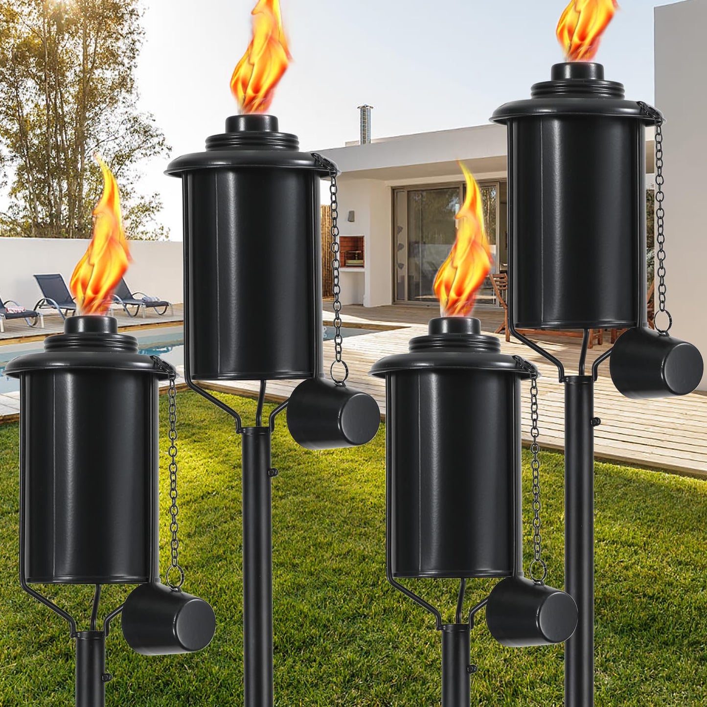 Norvo | Zsmaiku Citronella Utendørs Metall Fakler Sett Av 4, 59" Hage Sti Patio Lys, Sort