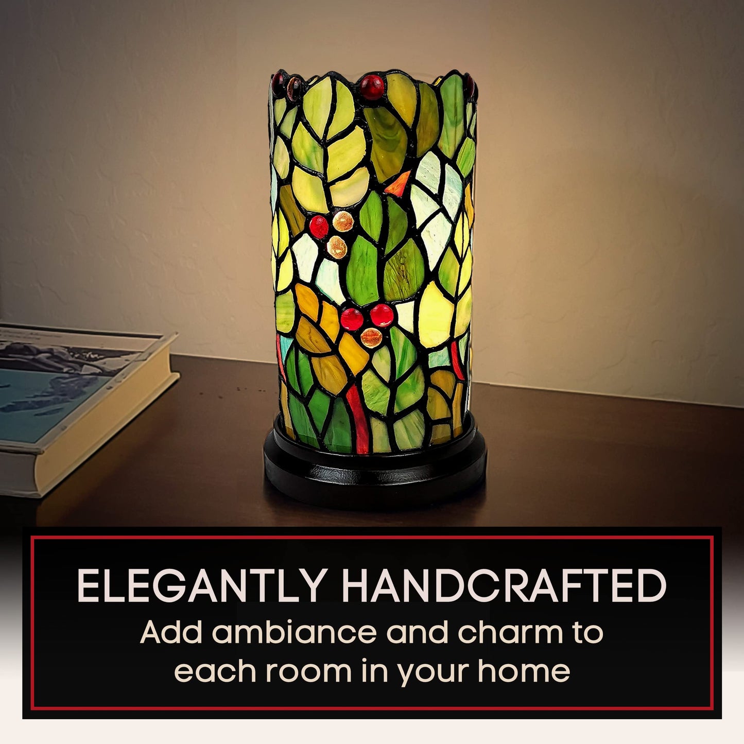 Norvo | Amora Grønn Tiffany Accent Lampe - Floral Leaf Mosaic Bordlampe, 11” Dekorativ Skrivebordslys