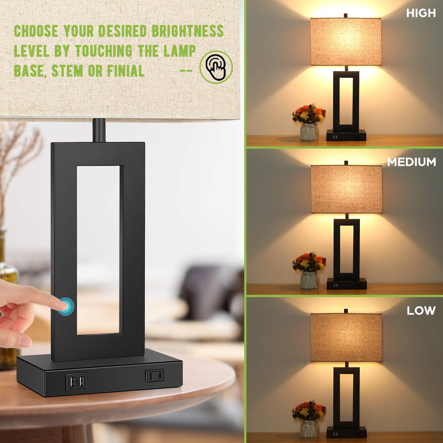 Norvo | Tobusa Set Of 2 Touch Control Table Lamps With Usb Ports, 3-Way Dimmable, Beige Shade