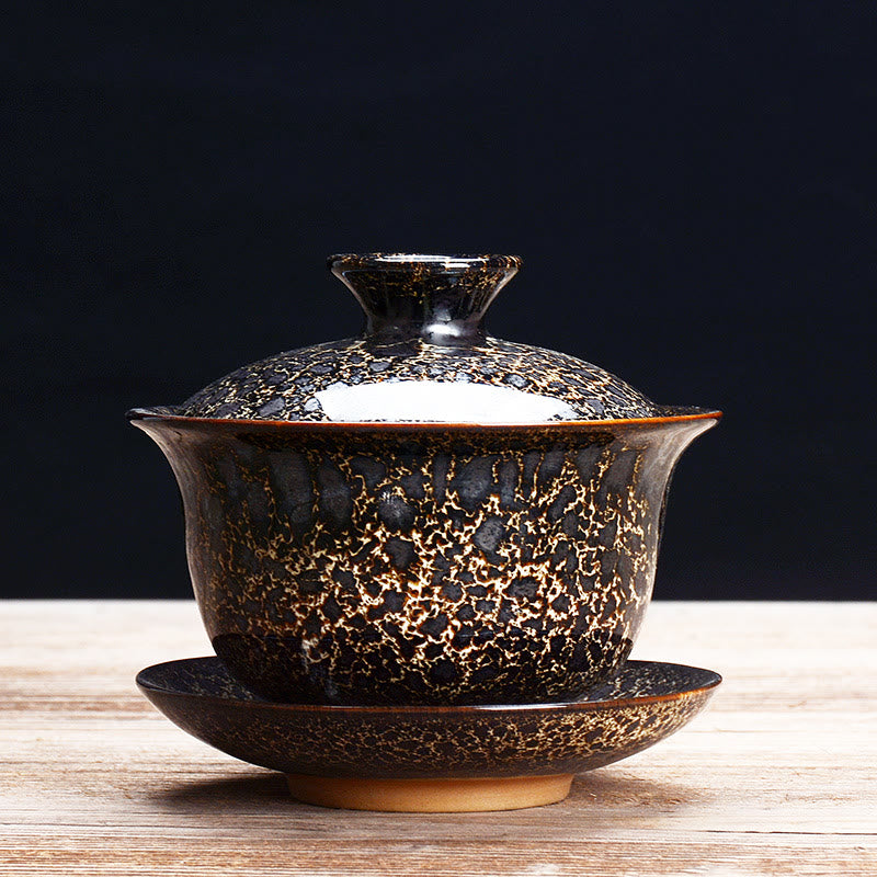 Norvo | Vintage Brennovn Keramisk Gaiwan Sancai Tekopp Tekopp og Tallerken med Lokk