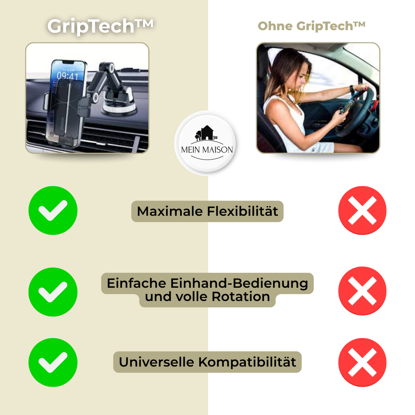 Norvo | Auto GripTech Handy Holder med Sterk Sugekop og 360° Rotasjon