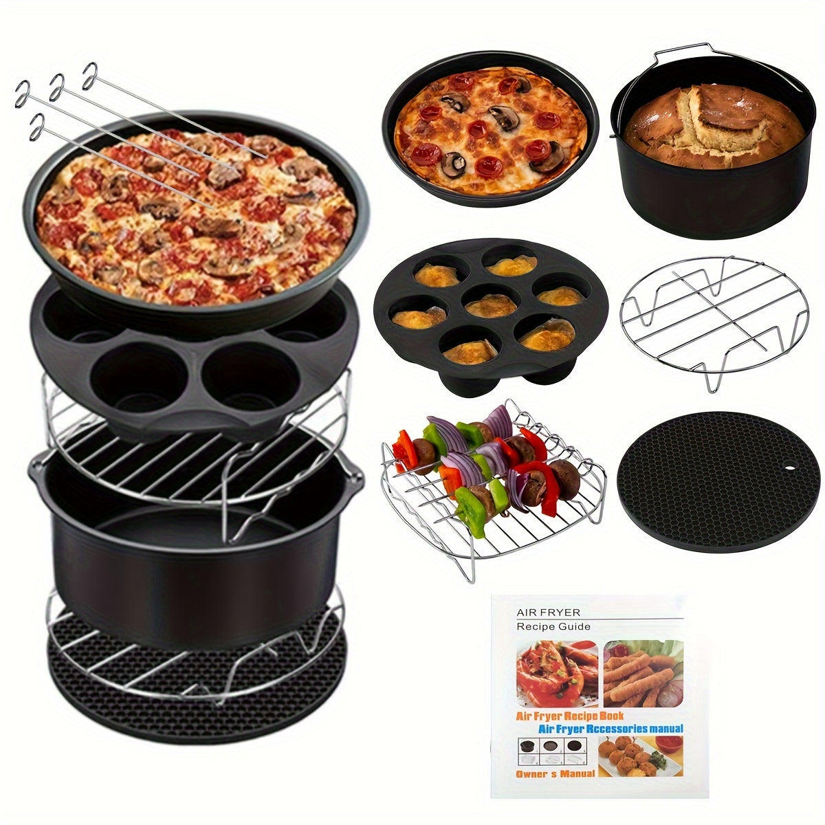 Norvo | 11-delt 8-tommers Air Fryer tilbehørsett - Kompatibel med 3,7QT - 6,8QT Air Fryer, BPA-fri, oppvaskmaskin sikker, non-stick med kokebok