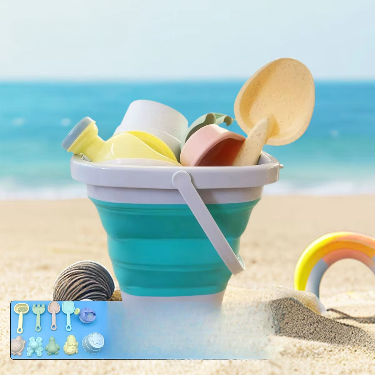 Norvo | Barns strand sand- og vannleketøysett - Sammenleggbart bøtte og tilbehør (1, 5 eller 11 deler, tilfeldig farge)