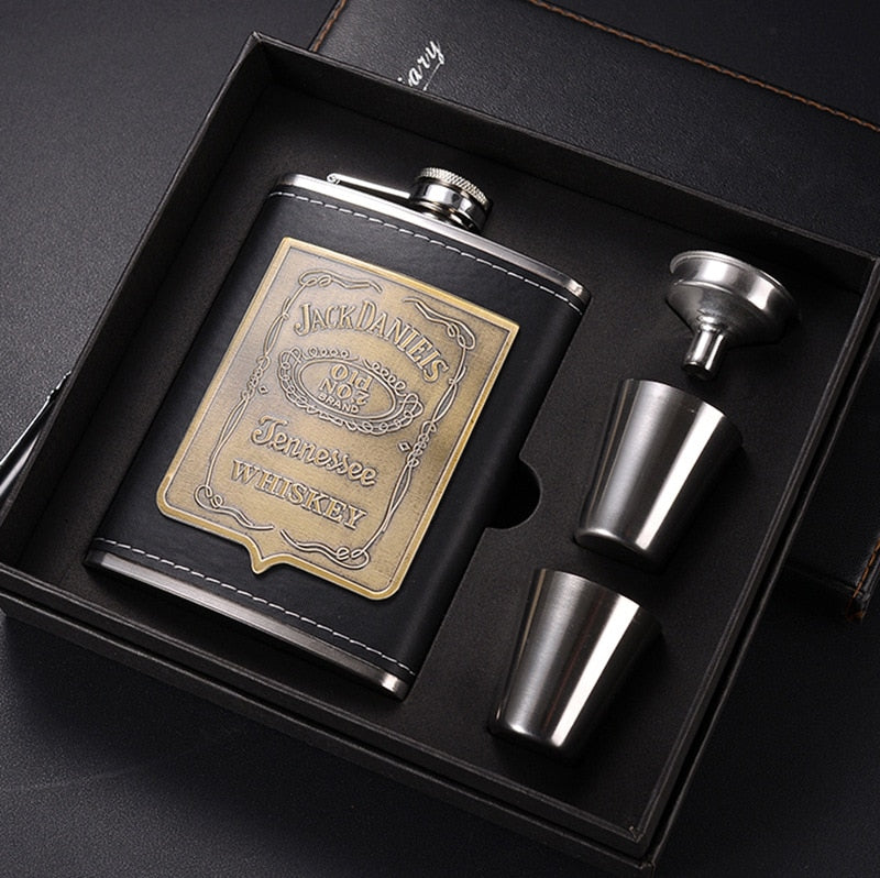 Norvo | 8oz Whisky Flaske laget av Rustfritt Stål Alkohol Trakt Hofteflaske Brodert Gull Silke Stoff Emballasje Gaveeske Sett