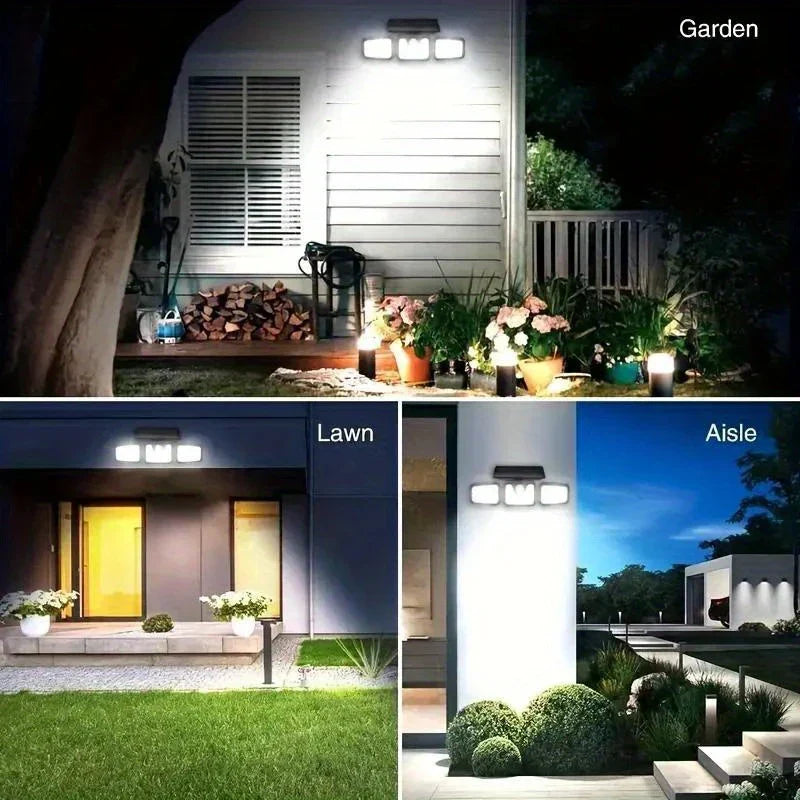 Norvo | Solenergisk LED Flomlys med Bevegelsessensor – 3-Hodet Utendørs Sikkerhetsbelysning for Hage, Innkjørsel & Garasje