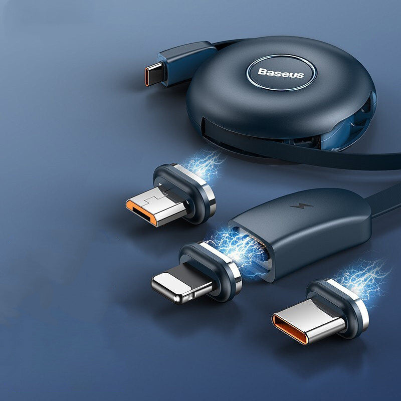 Norvo | 3-i-1 Bærbar Strekkbar USB-C Ladekabel, med Magnetiske Koblede (USB-C, Lightning & Micro), for Telefon, Nettbrett & Mer