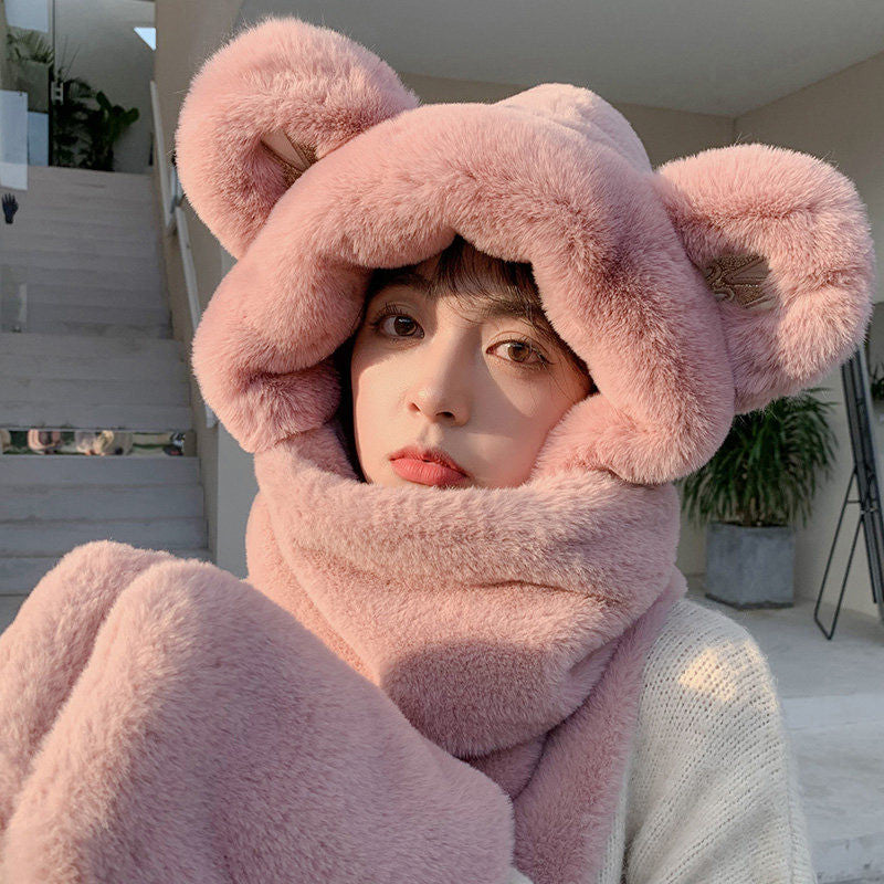 Norvo | 3-i-1 Cure Plush Bear Øre Vinterlue med skjerf og hansker