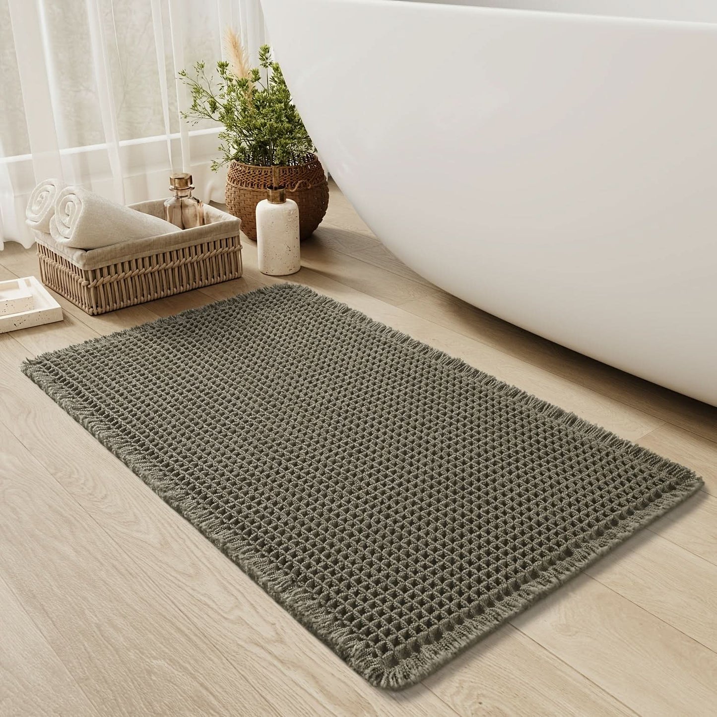 Norvo | AbsorbEase | Waffle Bath Mat with Fringes – Quick-Dry & Non-Slip