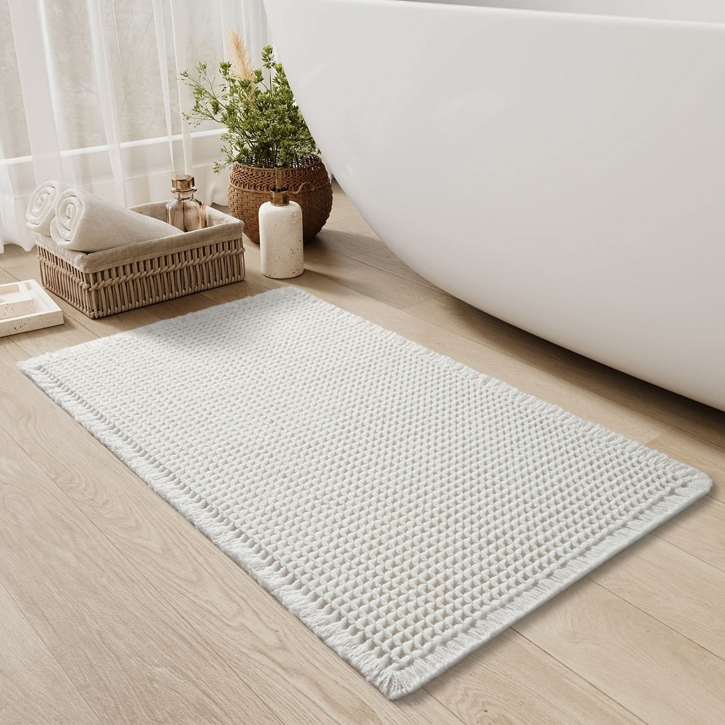 Norvo | AbsorbEase | Waffle Bath Mat with Fringes – Quick-Dry & Non-Slip