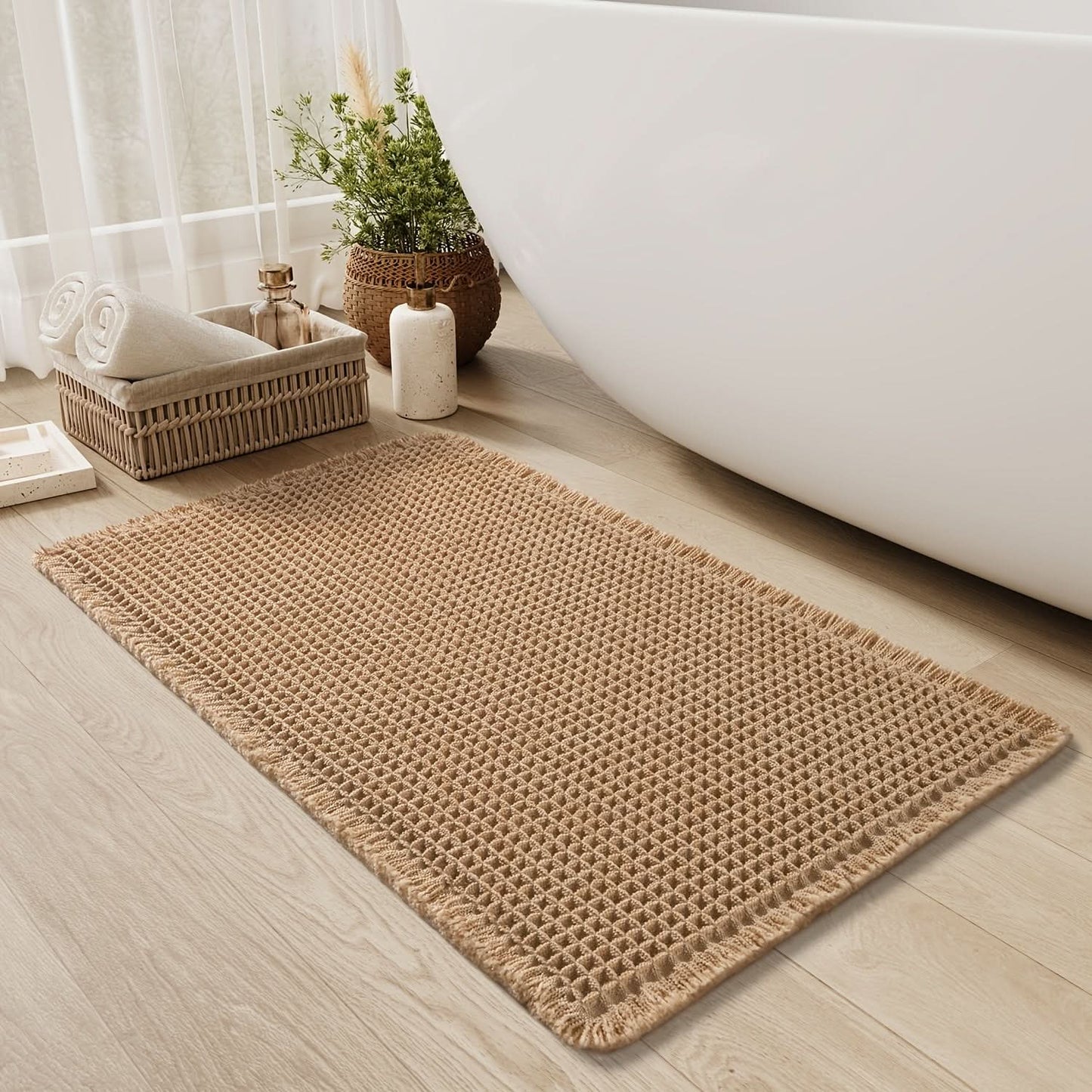 Norvo | AbsorbEase | Waffle Bath Mat with Fringes – Quick-Dry & Non-Slip