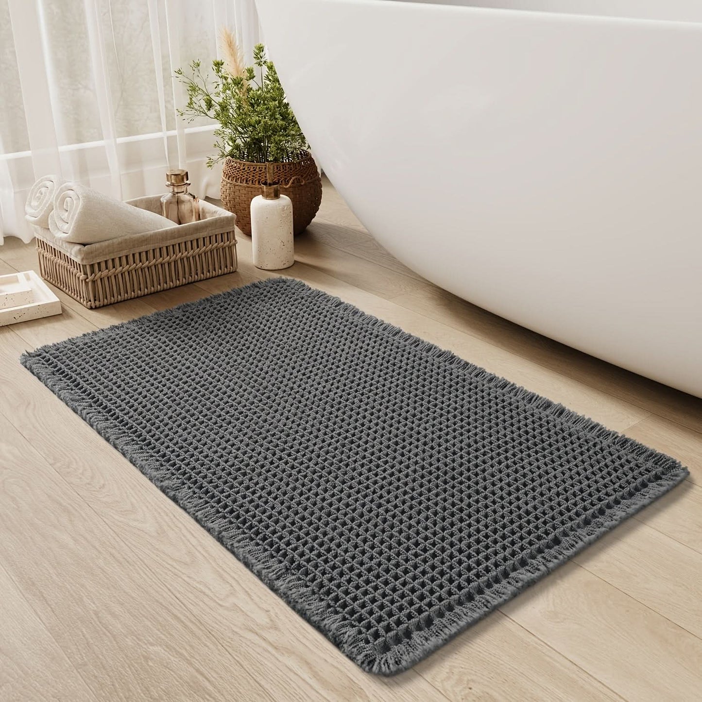 Norvo | AbsorbEase | Waffle Bath Mat with Fringes – Quick-Dry & Non-Slip