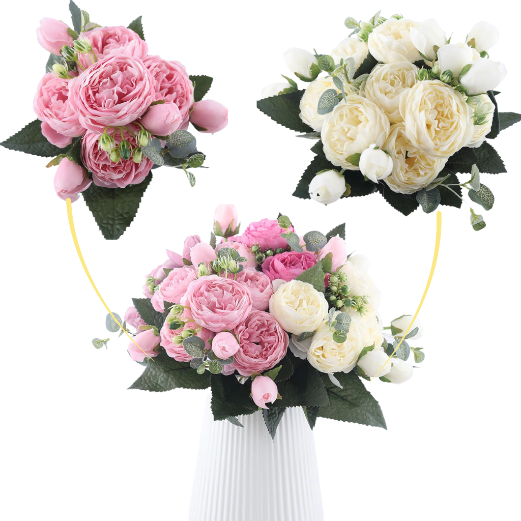 Kunstige silkepioner og rose blomsterbukett