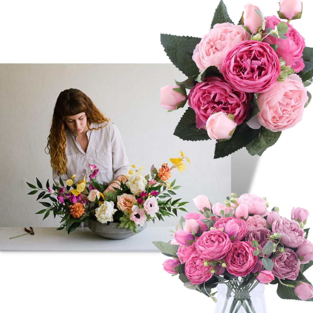 Kunstige silkepioner og rose blomsterbukett