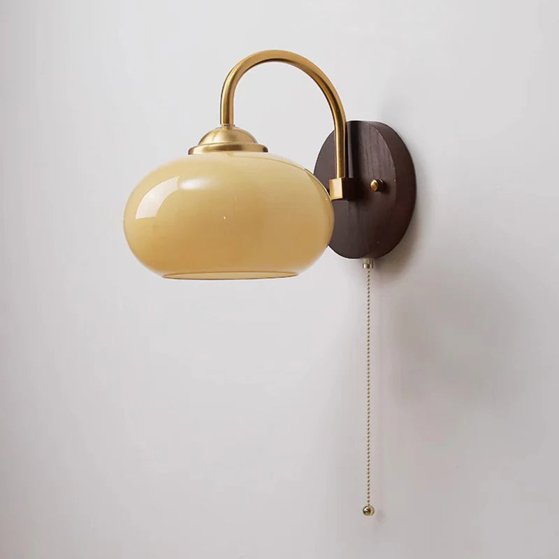 Norvo | Moderne Mid-Century Krem Rund Oval Ask Tre Glass 1-Lys Vegglampe for Soverom