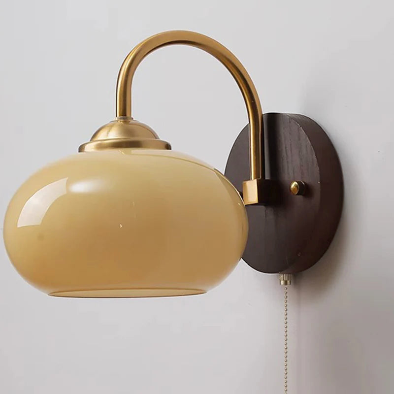 Norvo | Moderne Mid-Century Krem Rund Oval Ask Tre Glass 1-Lys Vegglampe for Soverom