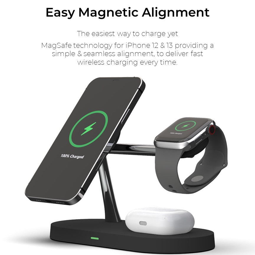 Norvo | 4-i-1 Trådløs Ladestasjon - Magnetisk Qi-lader for Telefon, Klokke & Ørepropper