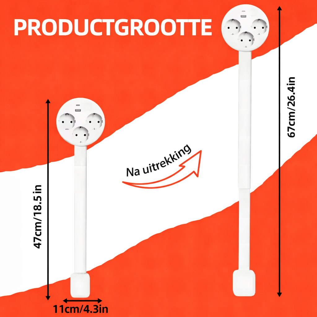 Norvo | Smart Utvidbar Stikkontakt med USB | 3 Stikkontakter + Utvidbar Arm + 180° Svingarm