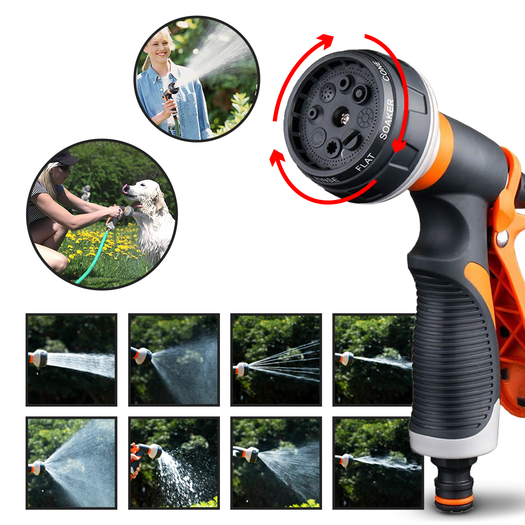 Sprøytepistol til hageslange med 8 stråler
