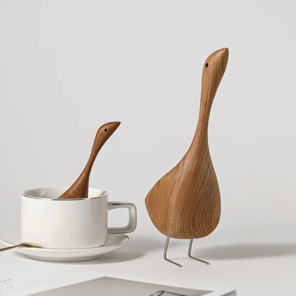 Norvo | Nordiske Tre Gås Figurer Abstrakt Teak Tre Skulptur Kjærleikpar Figurer Naturlige Dyre Ornamenter for Hjemdekorasjon