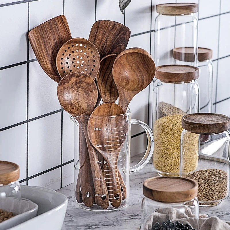 Norvo | TeakChef 7-dels Kjøkkenverktøy Sett – Premium Teak Kjøkkenverktøy for Stil & Funksjonalitet