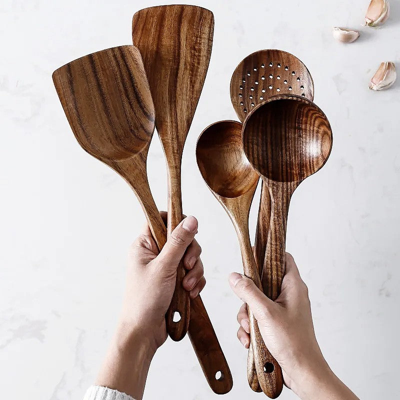 Norvo | TeakChef 7-dels Kjøkkenverktøy Sett – Premium Teak Kjøkkenverktøy for Stil & Funksjonalitet
