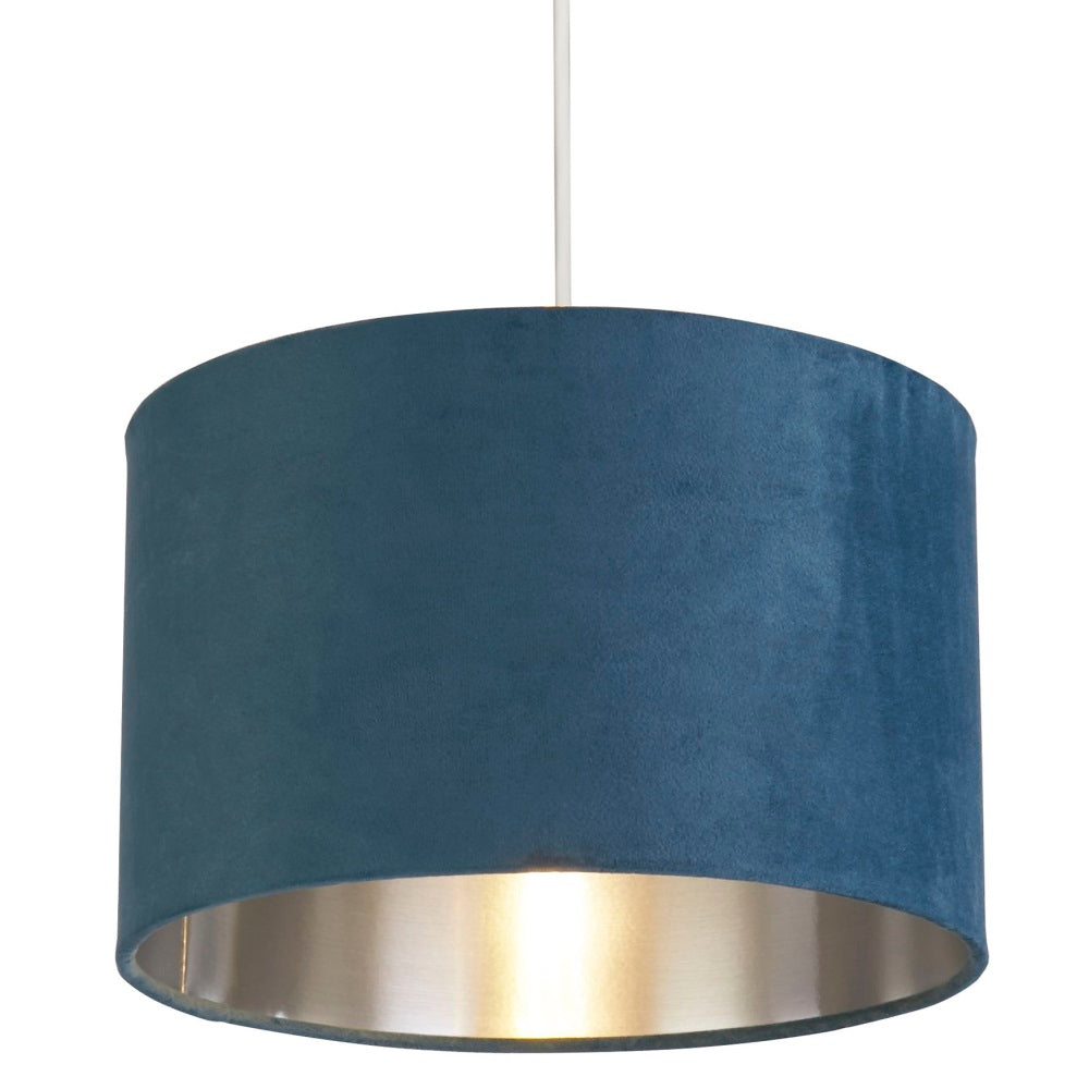 Norvo | Teal Blue Velvet Vintage Easy Fit Trommeskjerm med Sølvinteriør 28cm