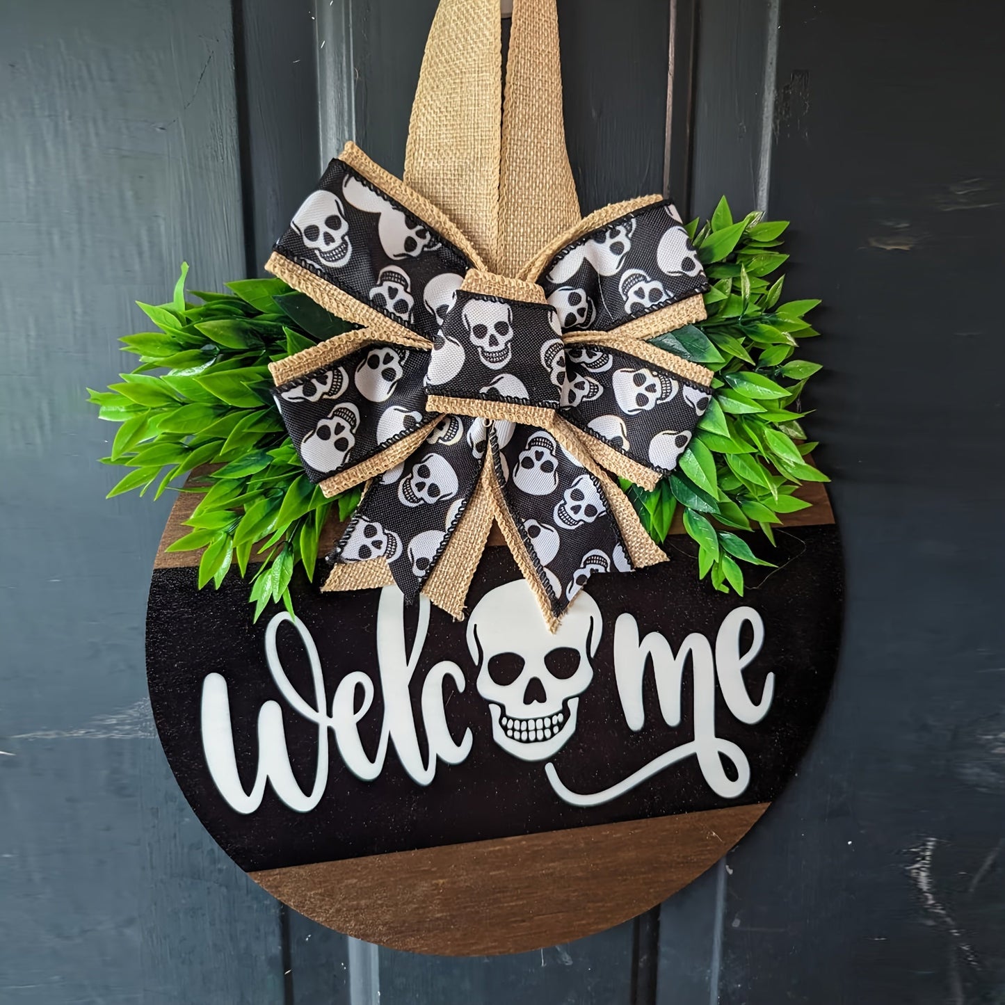 Norvo | Spooky Skull Krans – Rustikk Halloween Frontdør Velkomstskilt