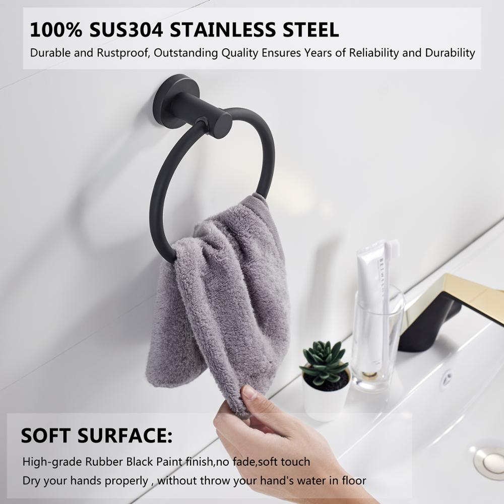 Norvo | Håndkleholder laget av 304 rustfritt stål i krom, Rundt enkelt design, Svart, Europeisk baderoms tilbehør, Rustfritt
