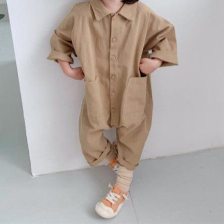 Norvo | Jumpsuit for småbarn og førskolebarn, Blå/beige bomull, Pustende og komfortabel, Enkel trykknappåpning