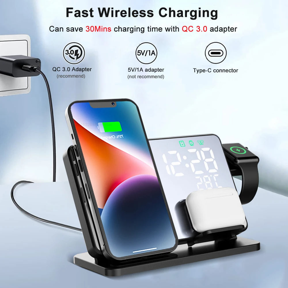 Norvo | 3-i-1 Hurtiglade Stasjon | Premium Trådløs Hurtiglading Docking Stasjon med Vekkerklokke | for Apple iPhone, Klokke & AirPods