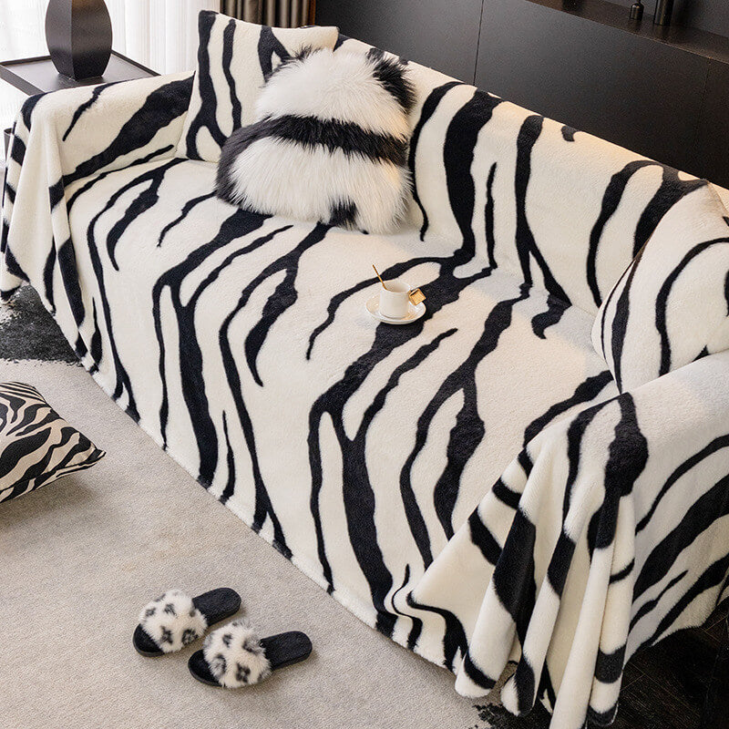 Norvo | Zebra-print fluffy plush sofa protector stylish couch cover
